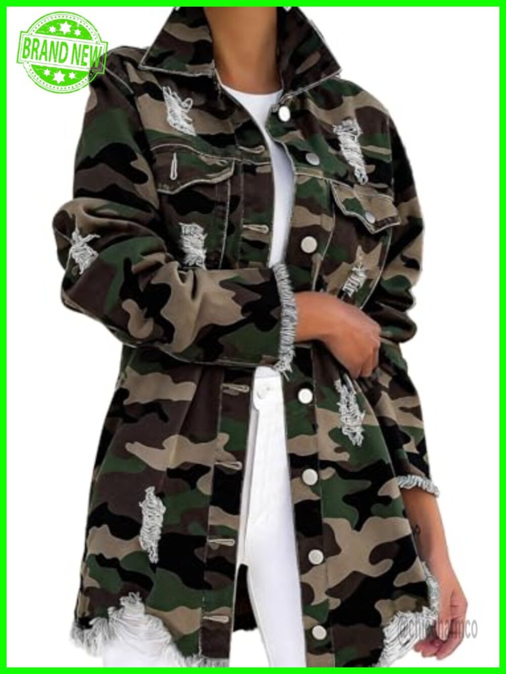 Womens Camo Utility Jacket Long Sleeve Ripped Distressed Army Green Coat